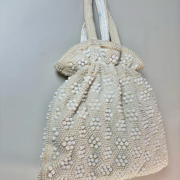 Vintage 1950s Candy Dot Cream & White Double Beaded Hand Bag - Picture 3 of 15
